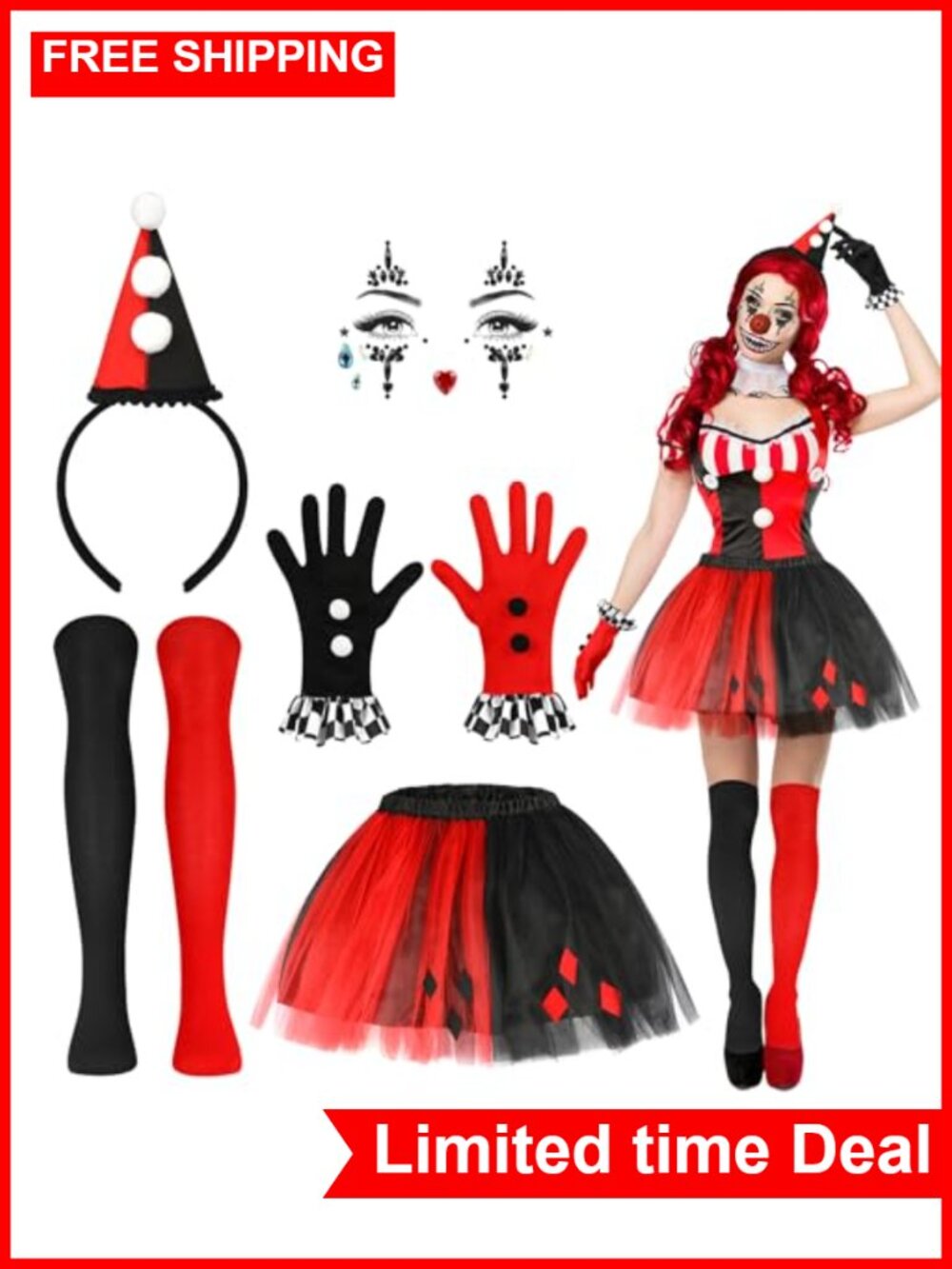 Halloween Clown Costume Accessories Set Tutu Gloves Socks Headband Women